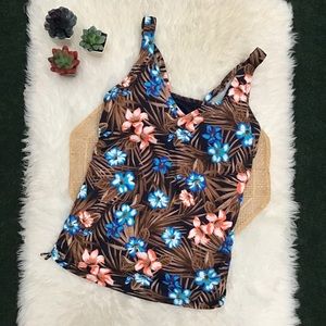 Lands End V Neck Tankini Swim Top Deep Sea Navy Palm NEW